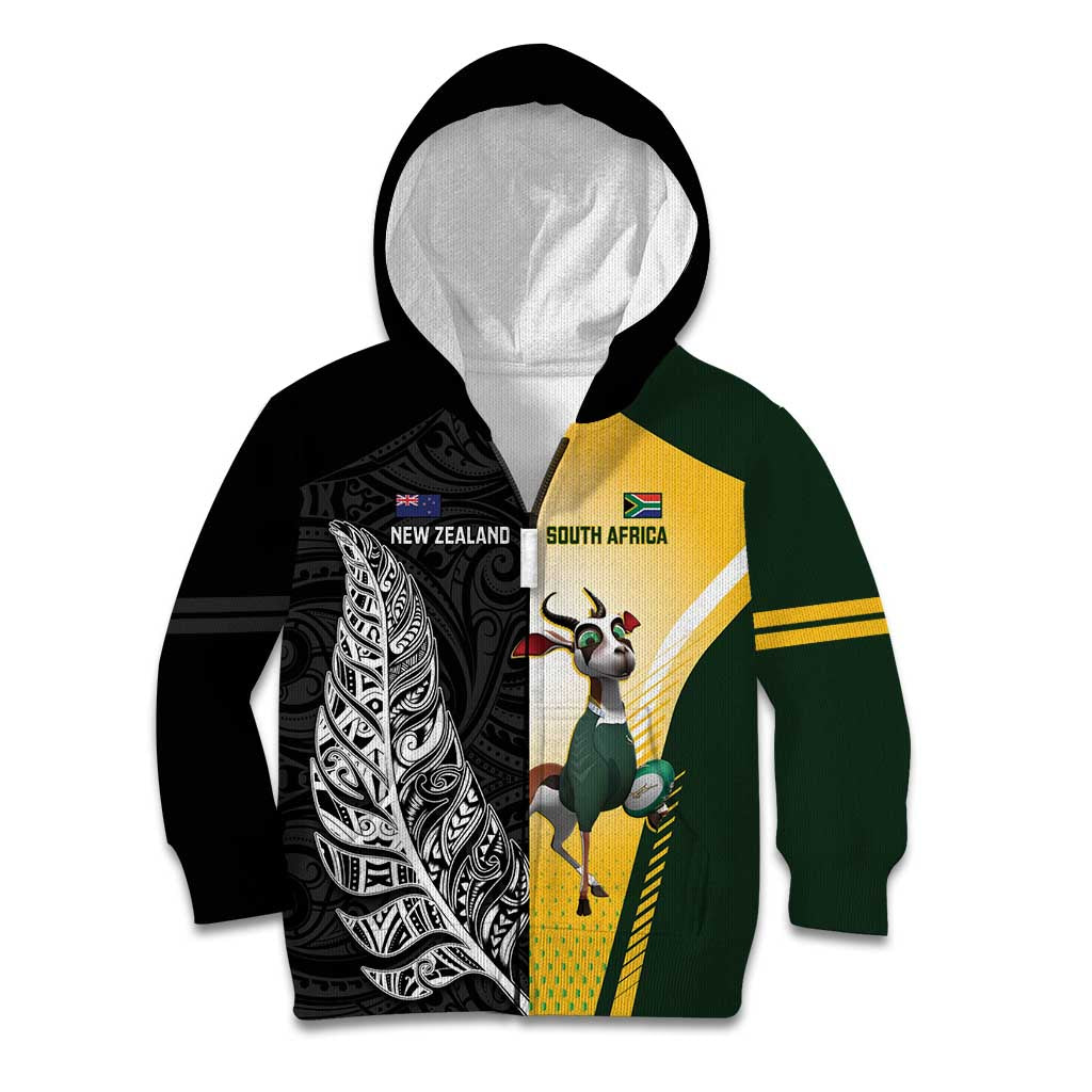 New Zealand and South Africa Rugby Custom Kid Hoodie Maori Silver Fern Springbok Together - Vibe Hoodie
