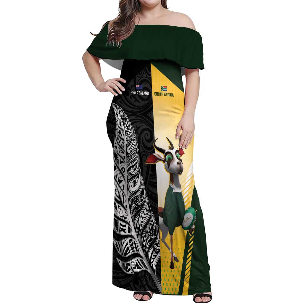 New Zealand and South Africa Rugby Custom Off Shoulder Maxi Dress Maori Silver Fern Springbok Together - Vibe Hoodie