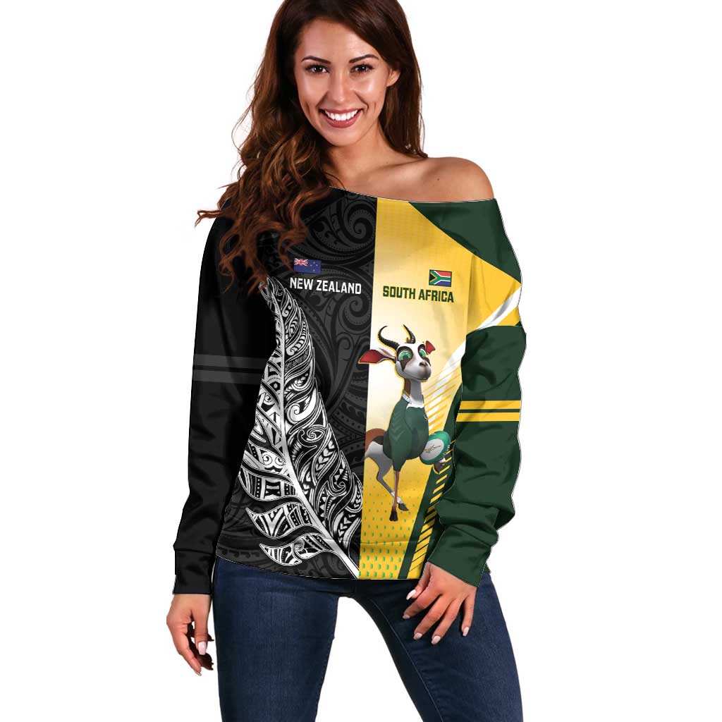 New Zealand and South Africa Rugby Custom Off Shoulder Sweater Maori Silver Fern Springbok Together - Vibe Hoodie