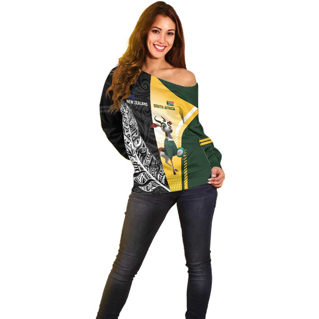 New Zealand and South Africa Rugby Custom Off Shoulder Sweater Maori Silver Fern Springbok Together - Vibe Hoodie