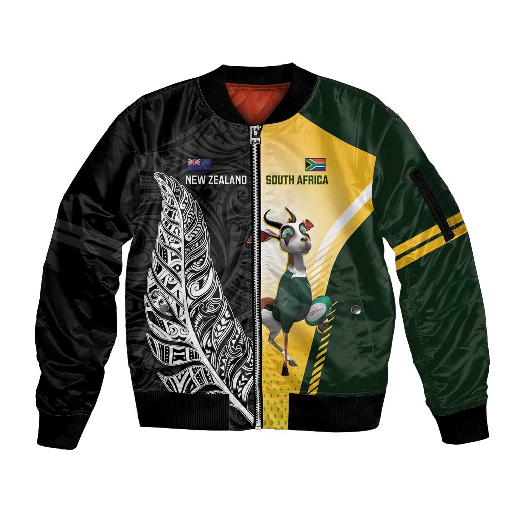 New Zealand and South Africa Rugby Custom Sleeve Zip Bomber Jacket Maori Silver Fern Springbok Together - Vibe Hoodie