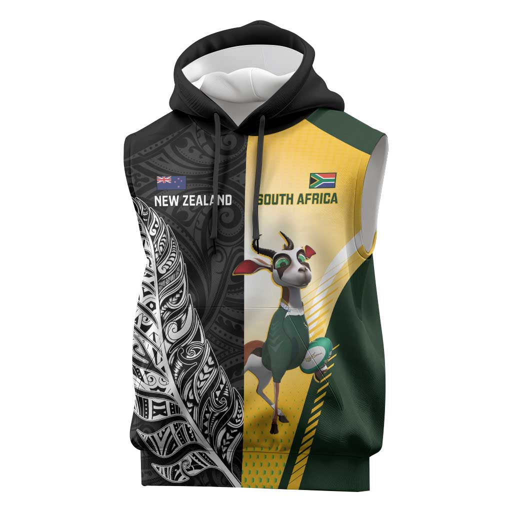 New Zealand and South Africa Rugby Custom Sleeveless Hoodie Maori Silver Fern Springbok Together - Vibe Hoodie