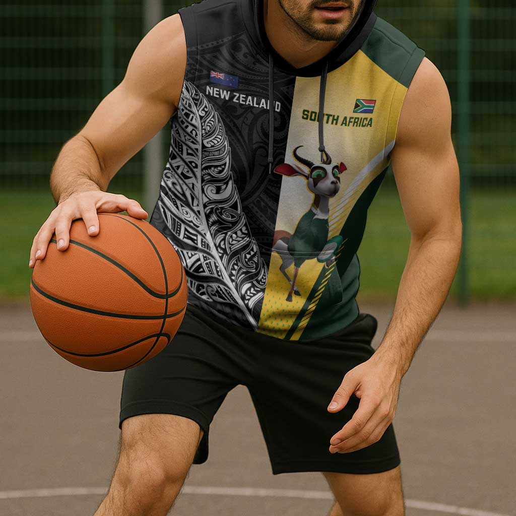 New Zealand and South Africa Rugby Custom Sleeveless Hoodie Maori Silver Fern Springbok Together - Vibe Hoodie