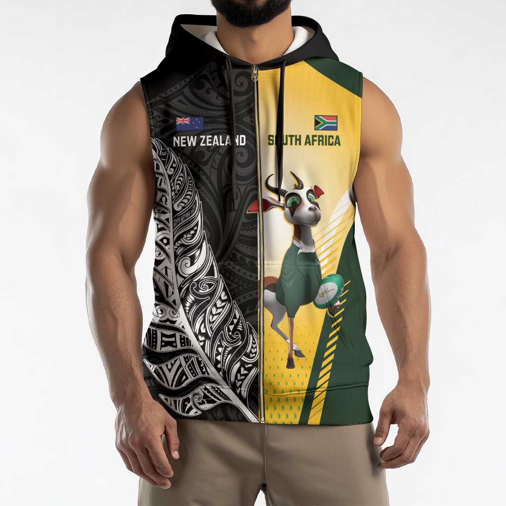 New Zealand and South Africa Rugby Custom Sleeveless Zip Hoodie Maori Silver Fern Springbok Together - Vibe Hoodie