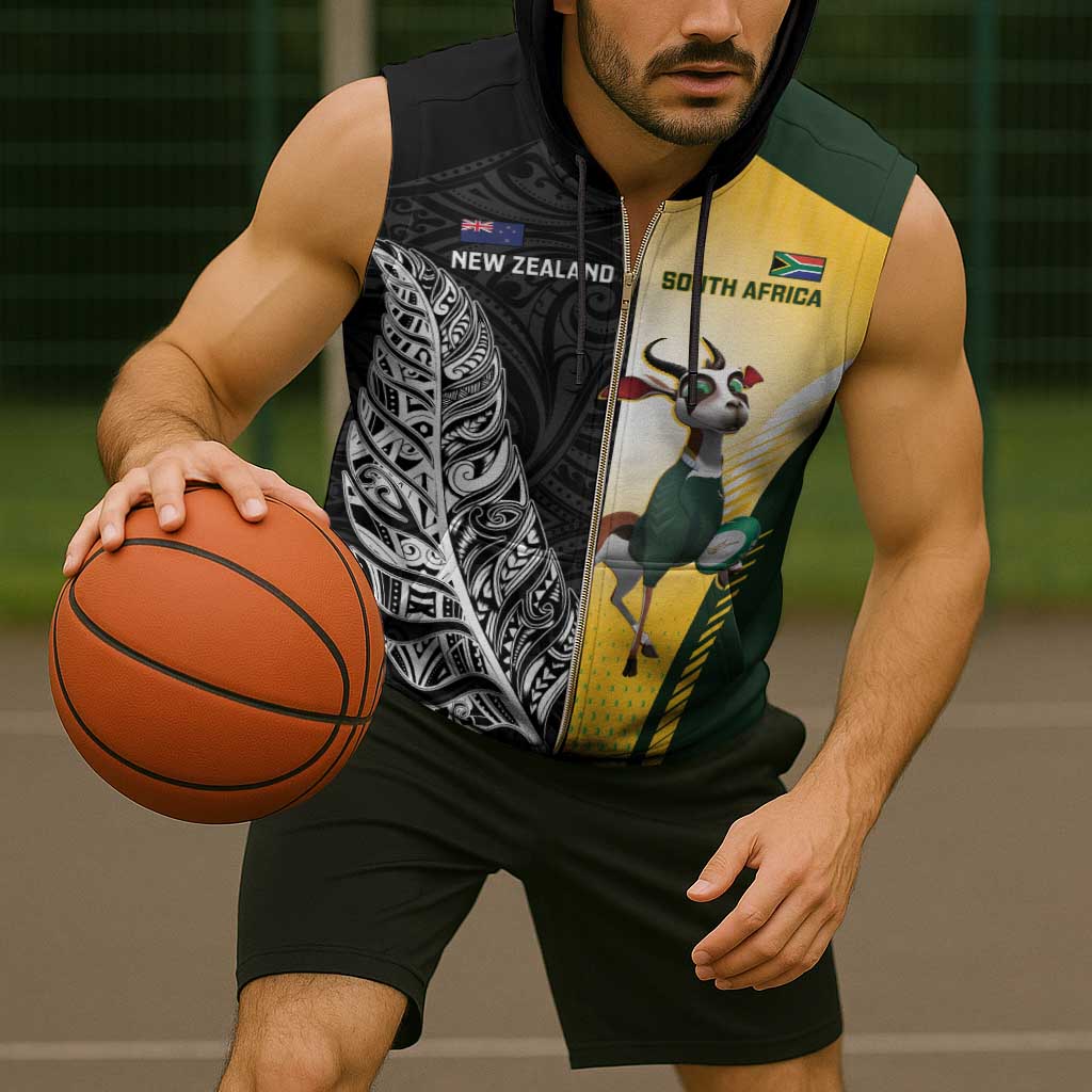 New Zealand and South Africa Rugby Custom Sleeveless Zip Hoodie Maori Silver Fern Springbok Together - Vibe Hoodie