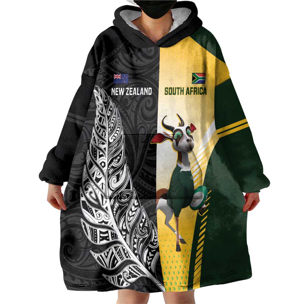 New Zealand and South Africa Rugby Custom Wearable Blanket Hoodie Maori Silver Fern Springbok Together - Vibe Hoodie