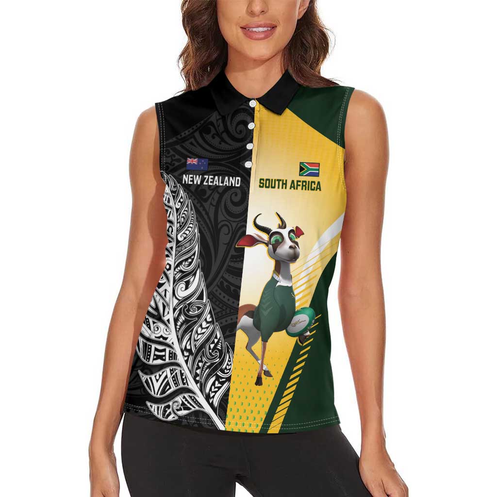 New Zealand and South Africa Rugby Custom Women Sleeveless Polo Shirt Maori Silver Fern Springbok Together - Vibe Hoodie
