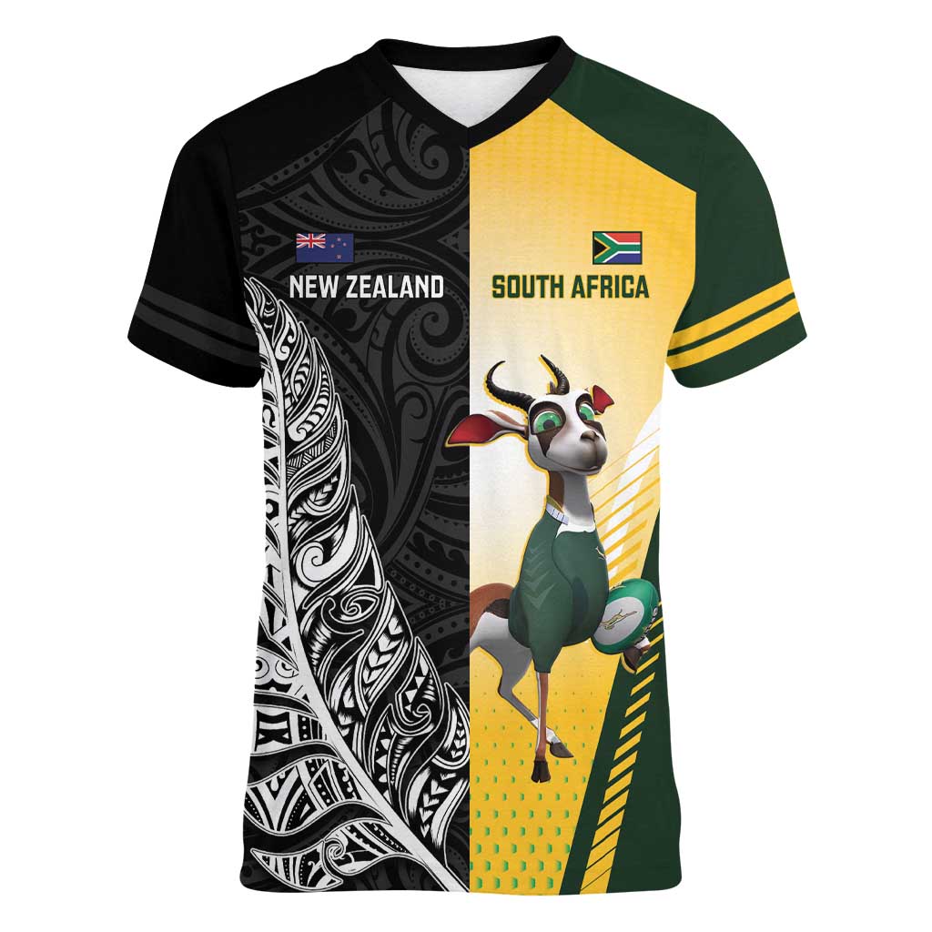New Zealand and South Africa Rugby Custom Women V-Neck T-Shirt Maori Silver Fern Springbok Together - Vibe Hoodie