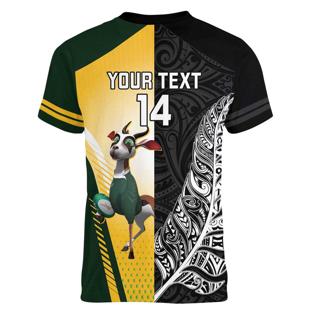 New Zealand and South Africa Rugby Custom Women V-Neck T-Shirt Maori Silver Fern Springbok Together - Vibe Hoodie