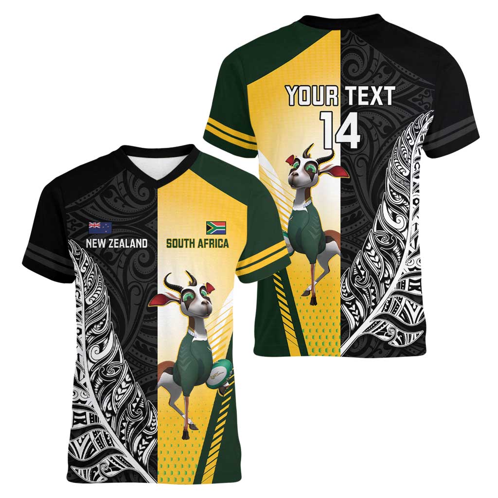 New Zealand and South Africa Rugby Custom Women V-Neck T-Shirt Maori Silver Fern Springbok Together - Vibe Hoodie
