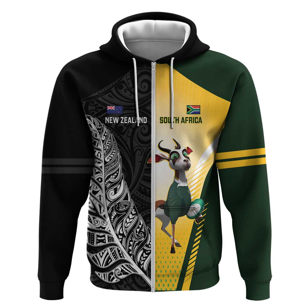 New Zealand and South Africa Rugby Custom Zip Hoodie Maori Silver Fern Springbok Together - Vibe Hoodie