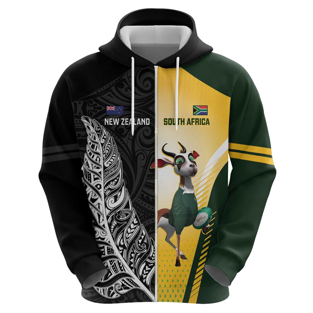 New Zealand and South Africa Rugby Custom Zip Hoodie Maori Silver Fern Springbok Together - Vibe Hoodie