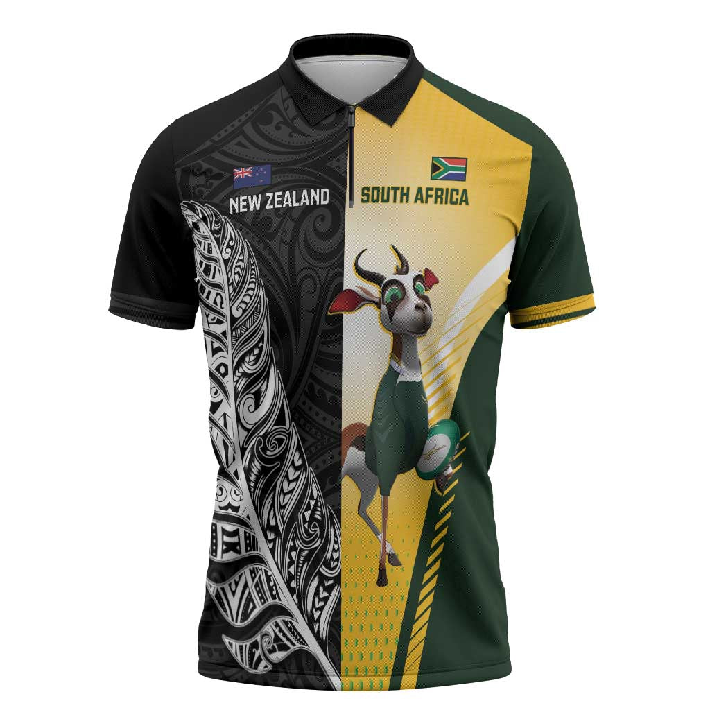 New Zealand and South Africa Rugby Custom Zipper Polo Shirt Maori Silver Fern Springbok Together - Vibe Hoodie