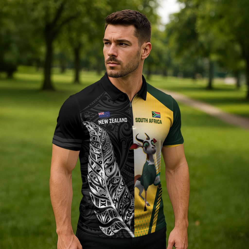 New Zealand and South Africa Rugby Custom Zipper Polo Shirt Maori Silver Fern Springbok Together - Vibe Hoodie