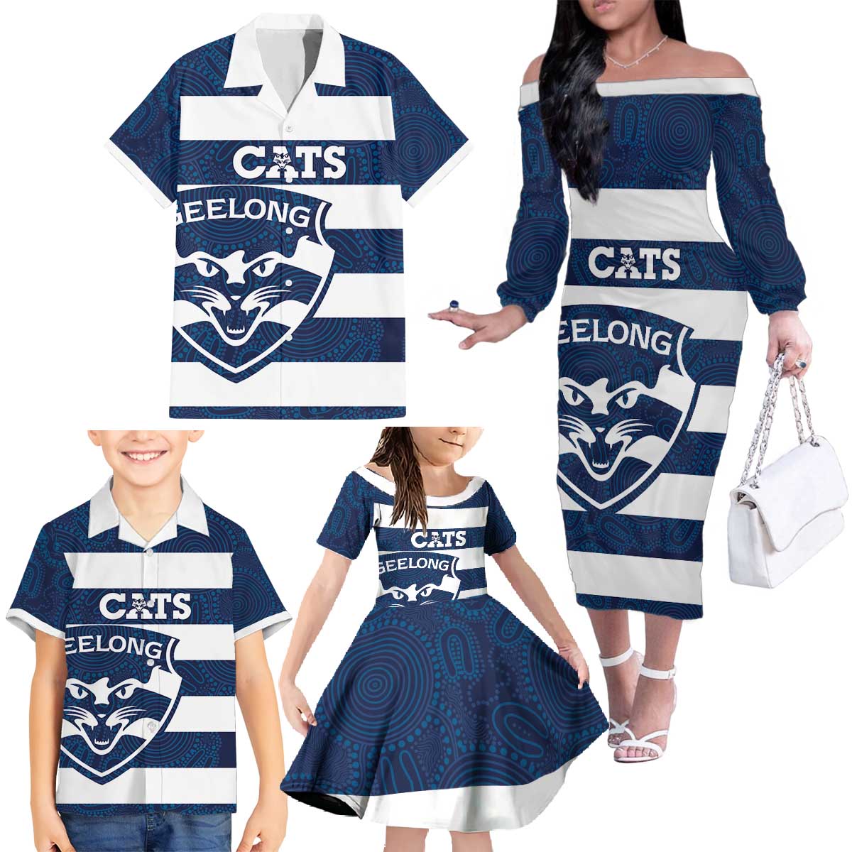 AFL Cats Football Custom Family Matching Off The Shoulder Long Sleeve Dress and Hawaiian Shirt Geelong Proud Indigenous Art - Vibe Hoodie