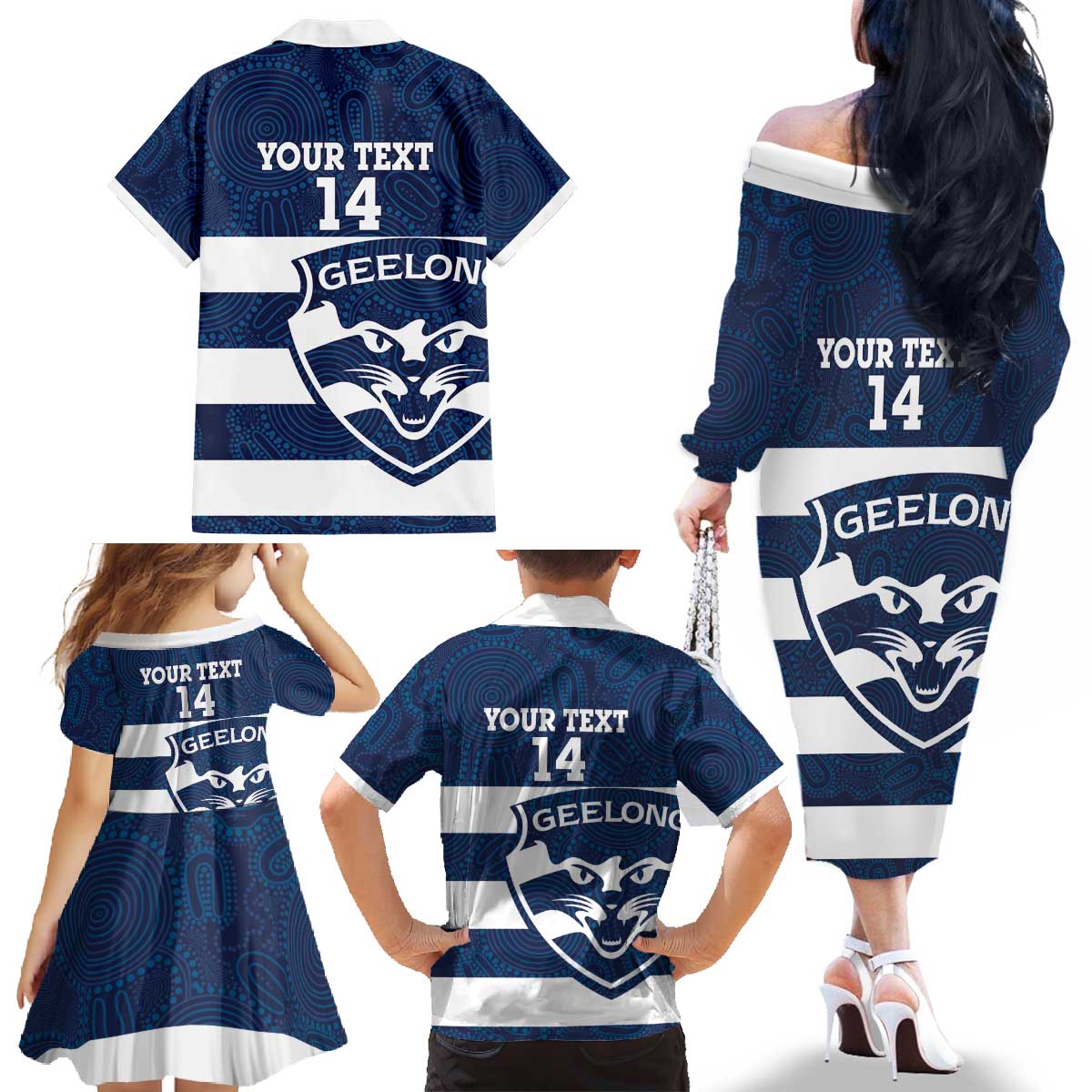 AFL Cats Football Custom Family Matching Off The Shoulder Long Sleeve Dress and Hawaiian Shirt Geelong Proud Indigenous Art - Vibe Hoodie