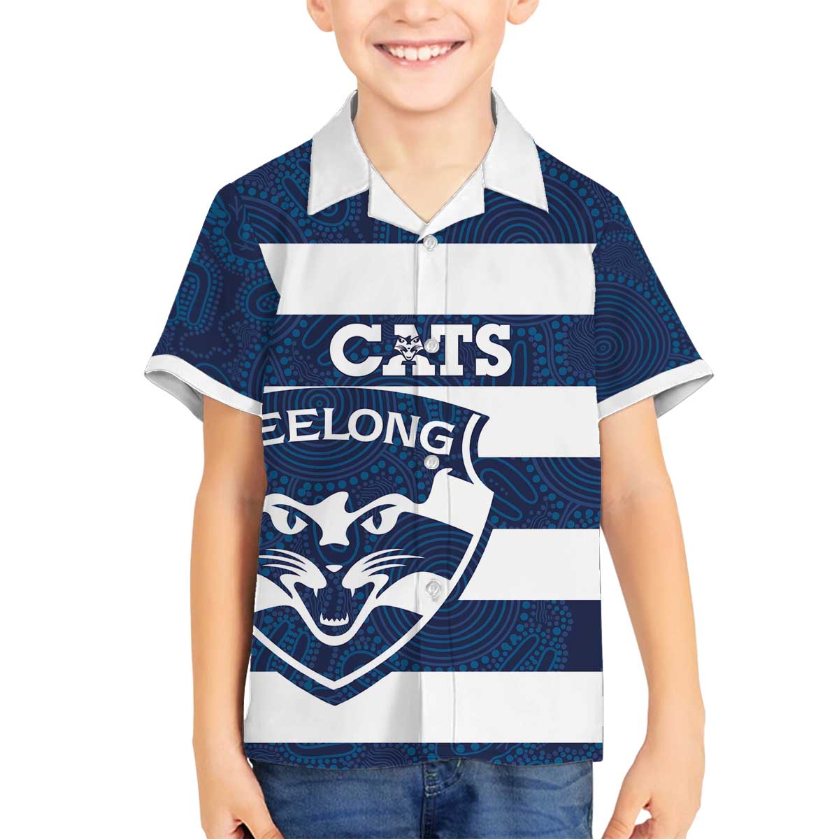 AFL Cats Football Custom Family Matching Off The Shoulder Long Sleeve Dress and Hawaiian Shirt Geelong Proud Indigenous Art - Vibe Hoodie