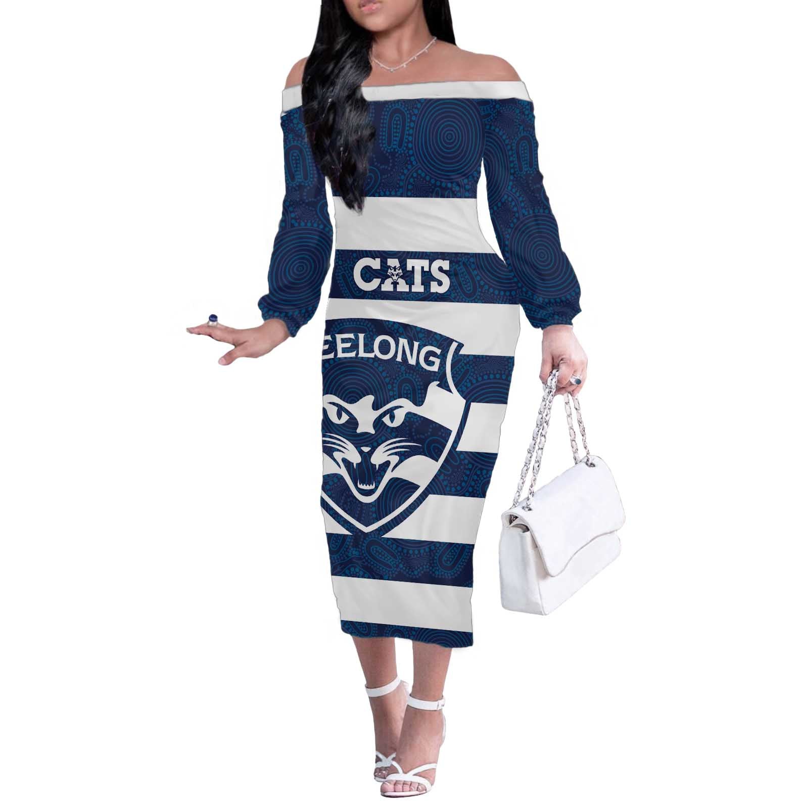 AFL Cats Football Custom Off The Shoulder Long Sleeve Dress Geelong Proud Indigenous Art - Vibe Hoodie