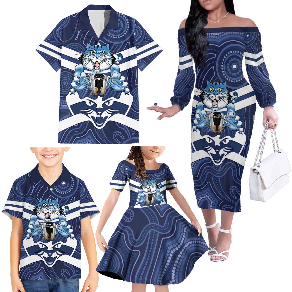 AFL Cats Football Personalised Family Matching Off The Shoulder Long Sleeve Dress and Hawaiian Shirt Final Geelong Premiers Trophy Aboriginal - Vibe Hoodie