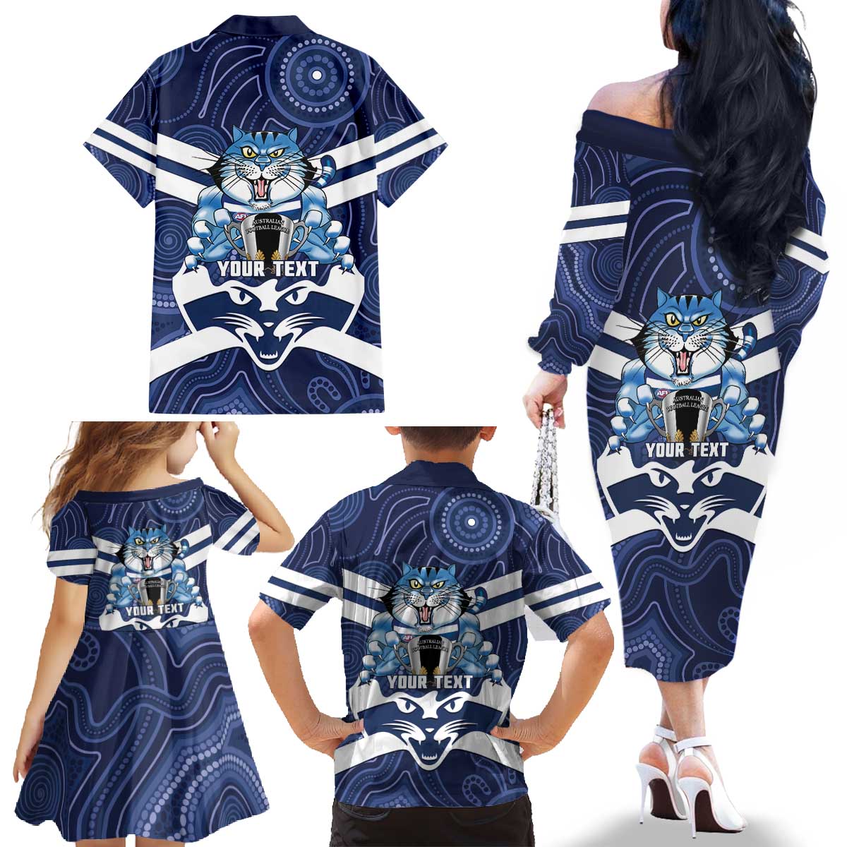 AFL Cats Football Personalised Family Matching Off The Shoulder Long Sleeve Dress and Hawaiian Shirt Final Geelong Premiers Trophy Aboriginal - Vibe Hoodie
