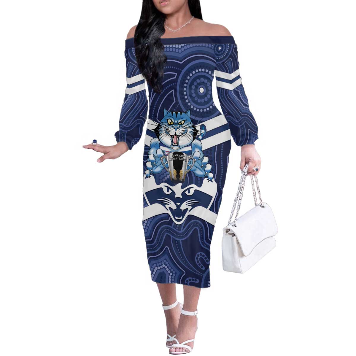 AFL Cats Football Personalised Family Matching Off The Shoulder Long Sleeve Dress and Hawaiian Shirt Final Geelong Premiers Trophy Aboriginal - Vibe Hoodie
