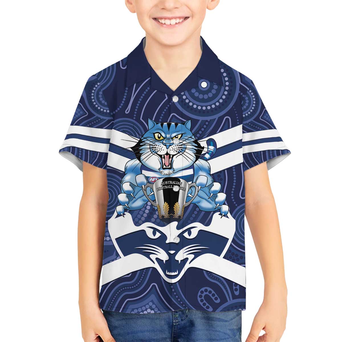AFL Cats Football Personalised Family Matching Off The Shoulder Long Sleeve Dress and Hawaiian Shirt Final Geelong Premiers Trophy Aboriginal - Vibe Hoodie