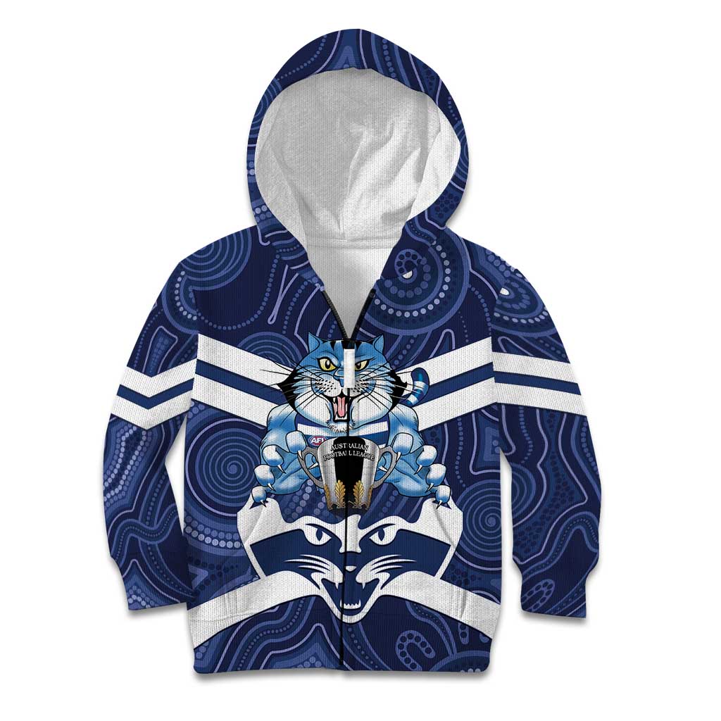 AFL Cats Football Personalised Kid Hoodie Final Geelong Premiers Trophy Aboriginal - Vibe Hoodie