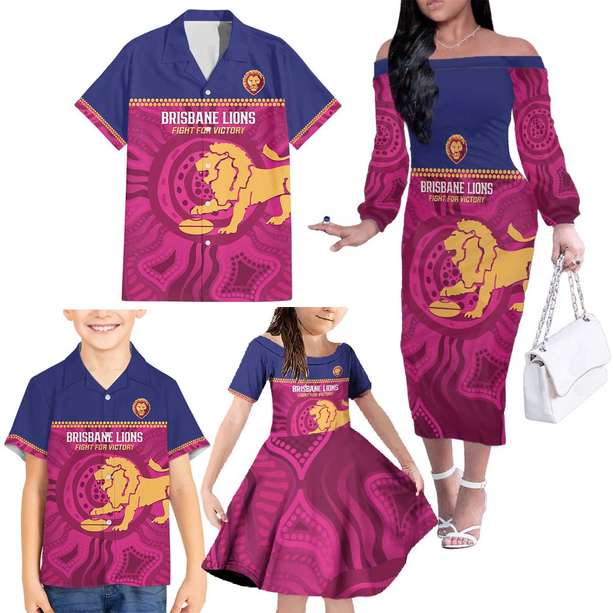 AFL Lions Football Custom Family Matching Off The Shoulder Long Sleeve Dress and Hawaiian Shirt Brisbane Fight For Victory Indigenous Art - Vibe Hoodie