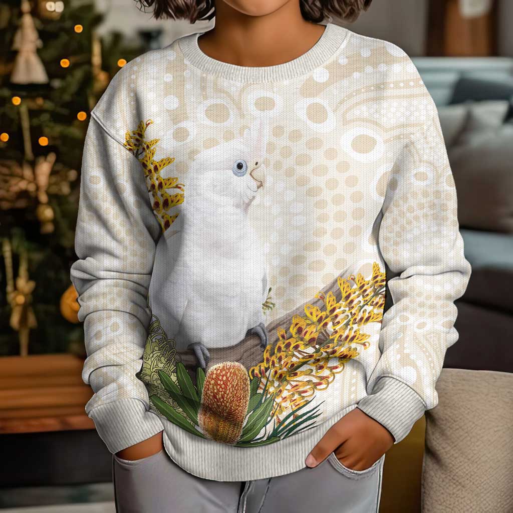 Australia Little Corella Kid Ugly Christmas Sweater Cacatua Sanguinea Western Grevillea Aboriginal Art - Vibe Hoodie