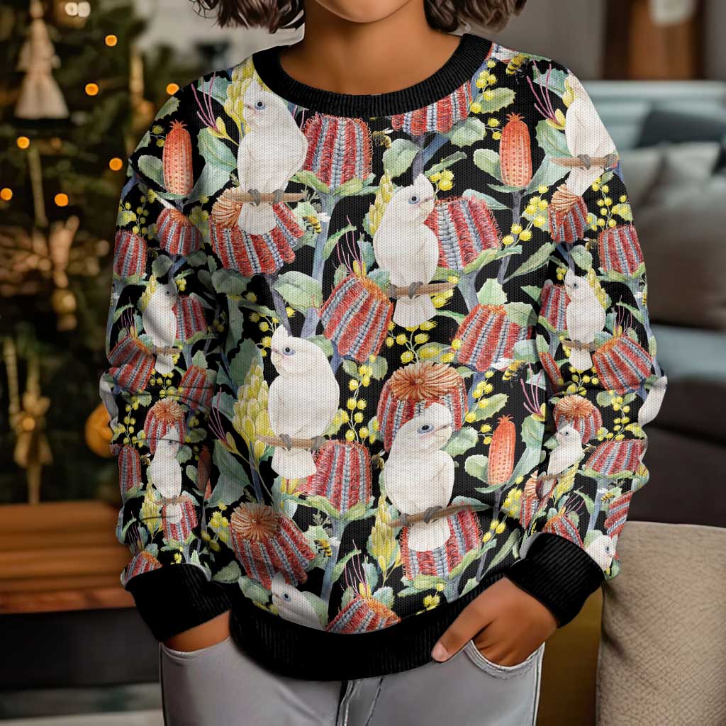 Little Corella Australia Cockatoo Kid Ugly Christmas Sweater Cacatua Sanguinea Banksia Seamless Black - Vibe Hoodie