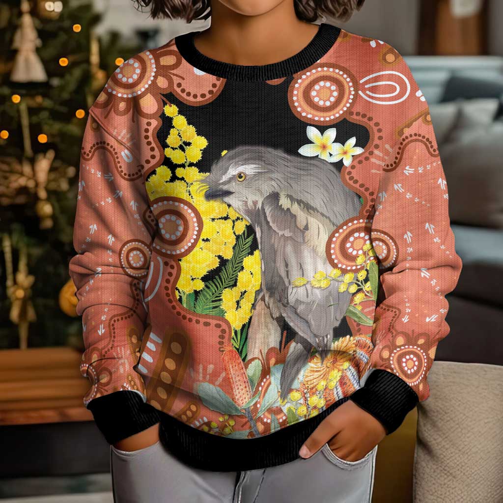 Australia Tawny Frogmouth Kid Ugly Christmas Sweater Golden Wattle Banksia Aboriginal Art - Vibe Hoodie