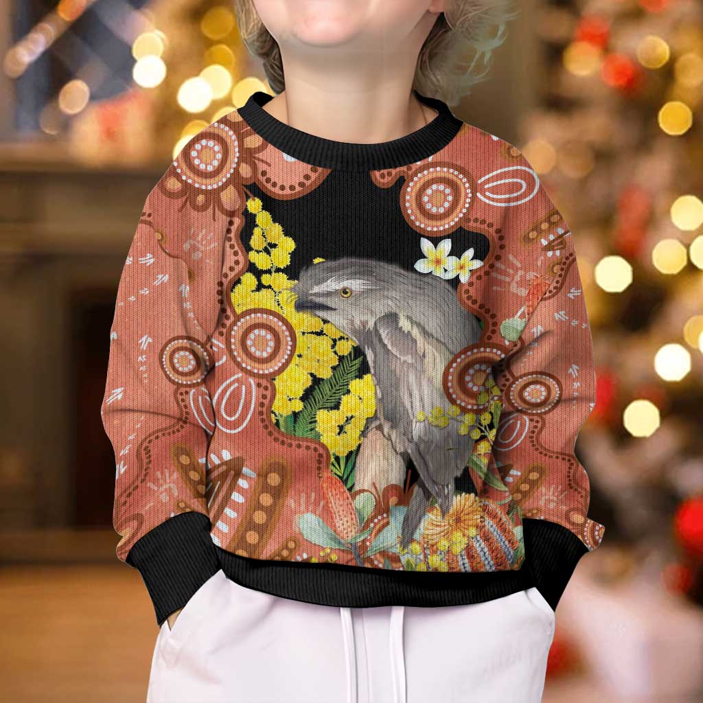 Australia Tawny Frogmouth Kid Ugly Christmas Sweater Golden Wattle Banksia Aboriginal Art - Vibe Hoodie