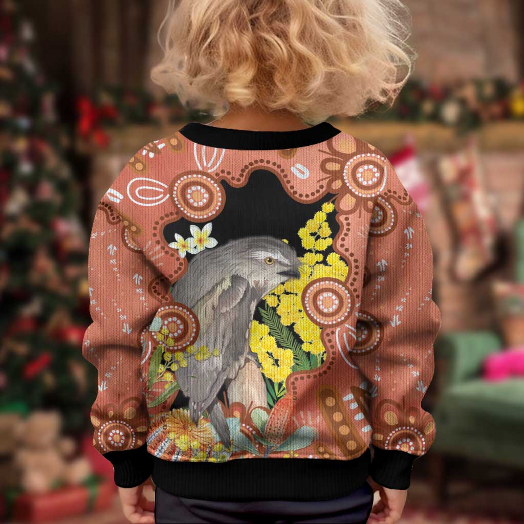 Australia Tawny Frogmouth Kid Ugly Christmas Sweater Golden Wattle Banksia Aboriginal Art - Vibe Hoodie