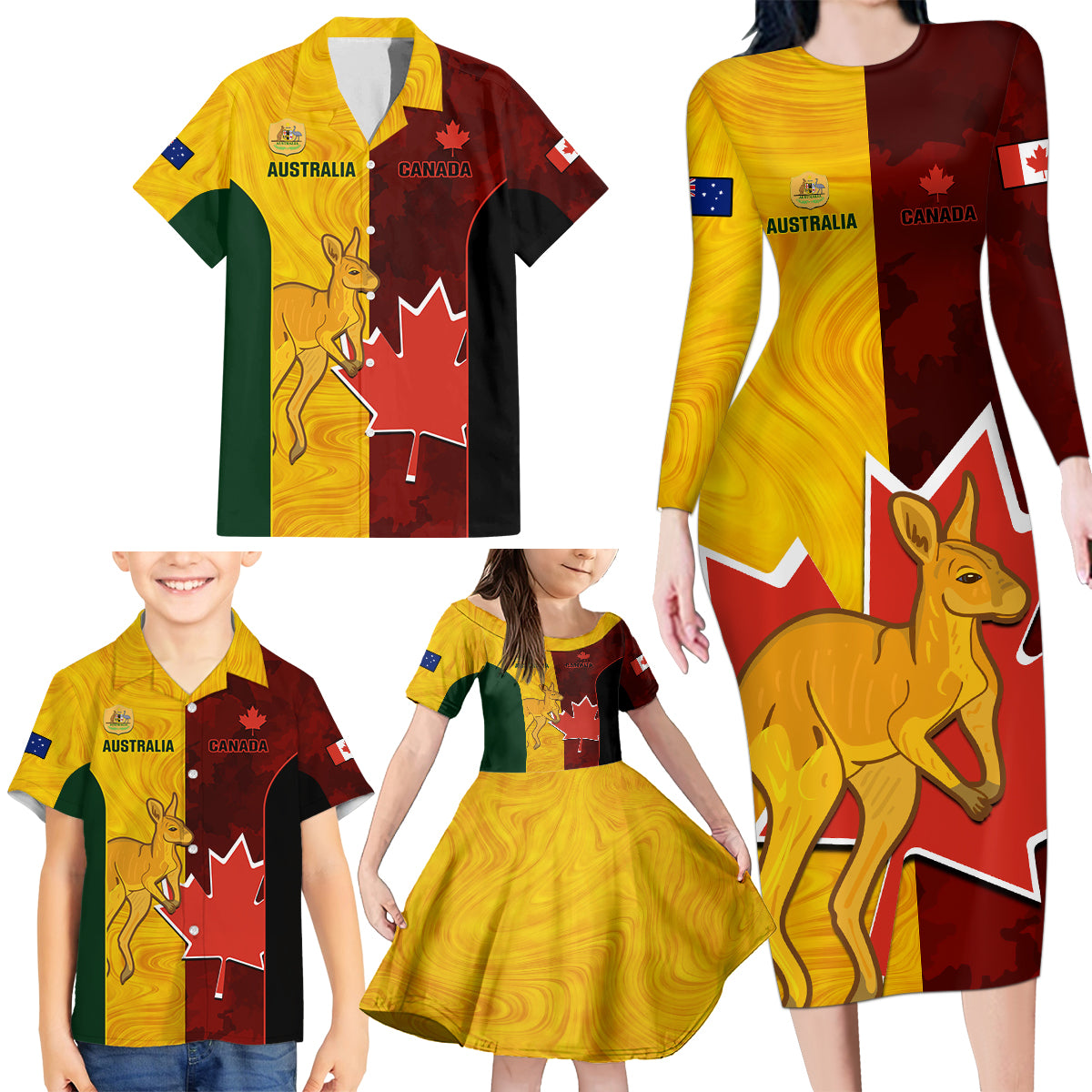 custom-australia-and-canada-soccer-family-matching-long-sleeve-bodycon-dress-and-hawaiian-shirt-matildas-combine-canucks-together