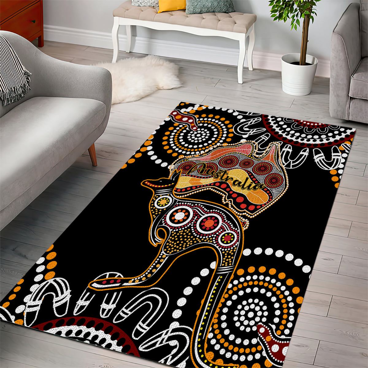 Australia Aboriginal Area Rug Australian Map With Kangaroo Indigenous Art - Vibe Hoodie Shop