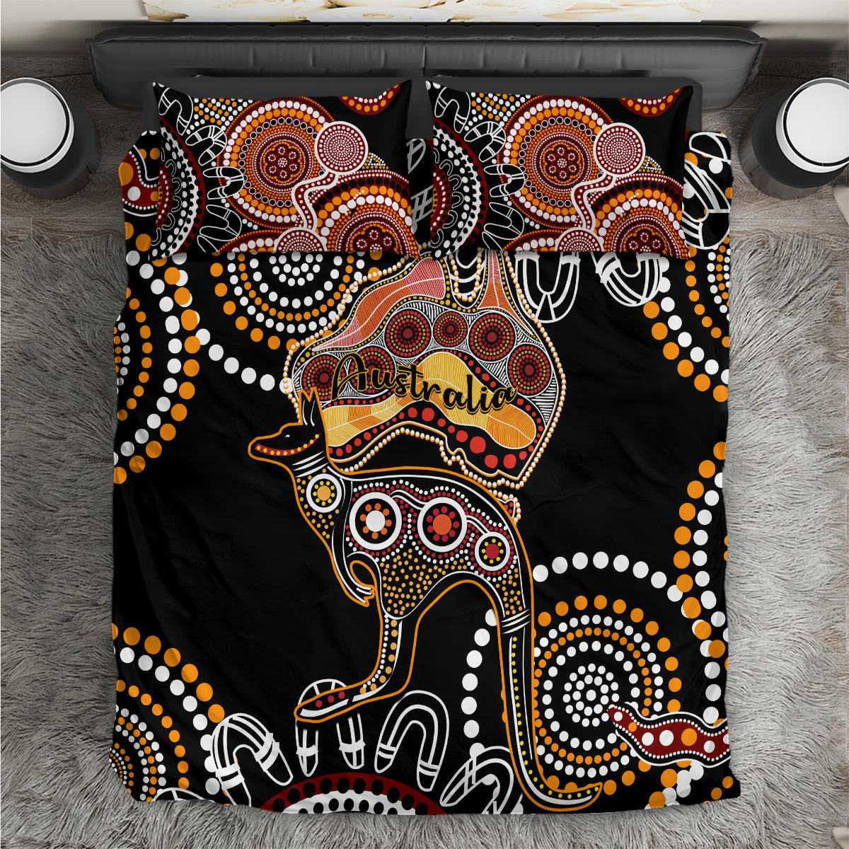 Australia Aboriginal Bedding Set Australian Map With Kangaroo Indigenous Art - Vibe Hoodie Shop