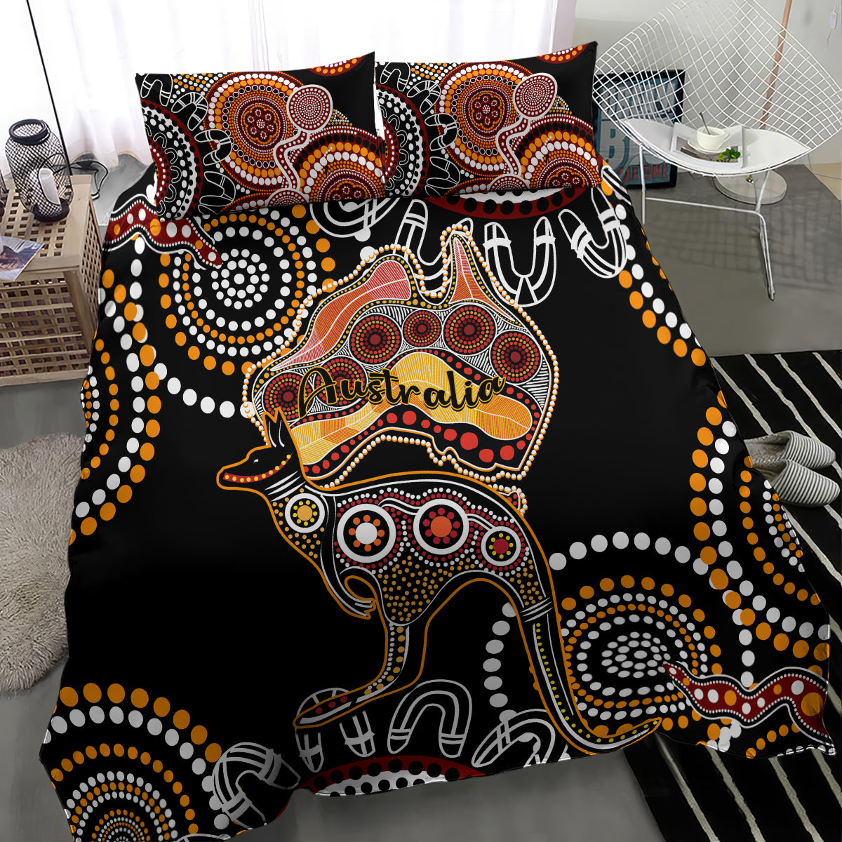 Australia Aboriginal Bedding Set Australian Map With Kangaroo Indigenous Art - Vibe Hoodie Shop