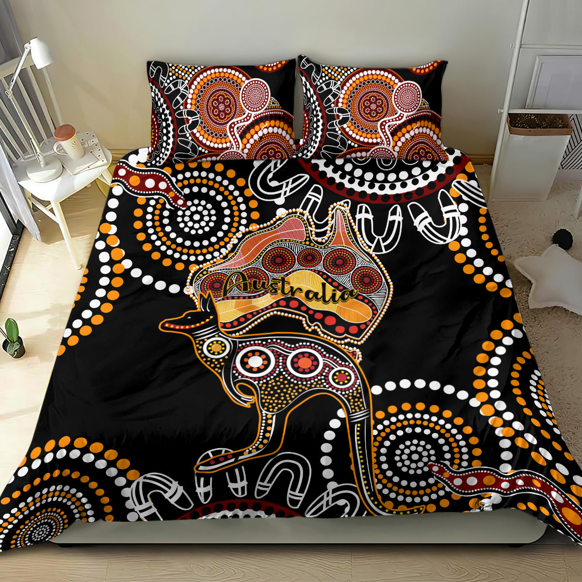 Australia Aboriginal Bedding Set Australian Map With Kangaroo Indigenous Art - Vibe Hoodie Shop