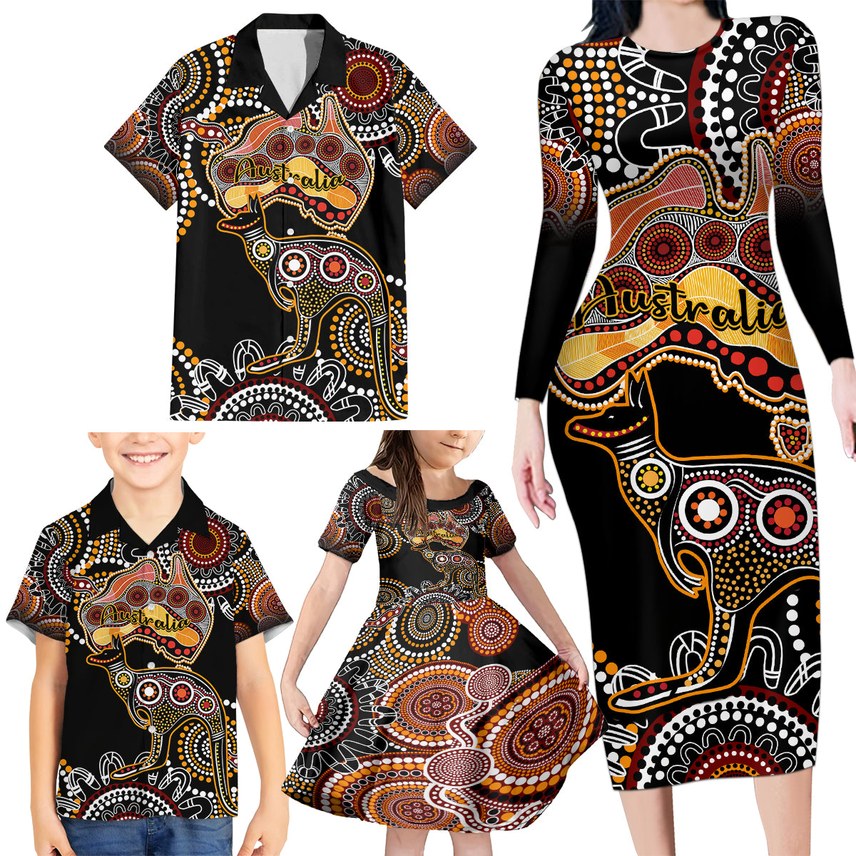 australia-aboriginal-family-matching-long-sleeve-bodycon-dress-and-hawaiian-shirt-australian-map-with-kangaroo-indigenous-art