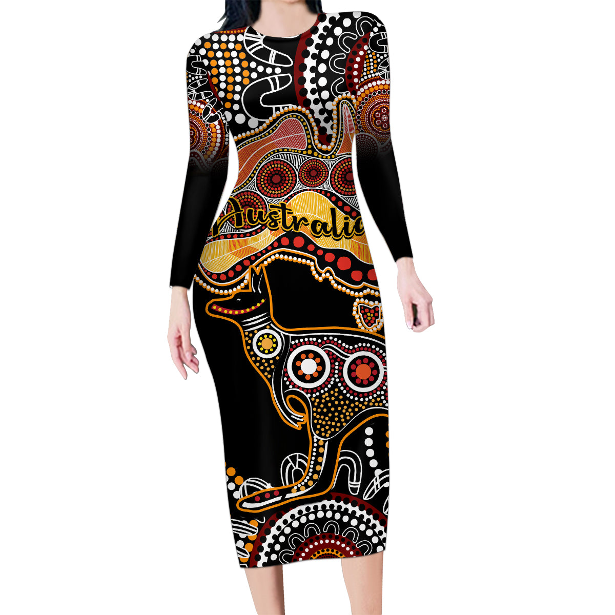 australia-aboriginal-family-matching-long-sleeve-bodycon-dress-and-hawaiian-shirt-australian-map-with-kangaroo-indigenous-art