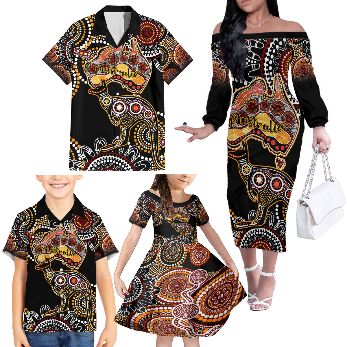 australia-aboriginal-family-matching-off-shoulder-long-sleeve-dress-and-hawaiian-shirt-australian-map-with-kangaroo-indigenous-art