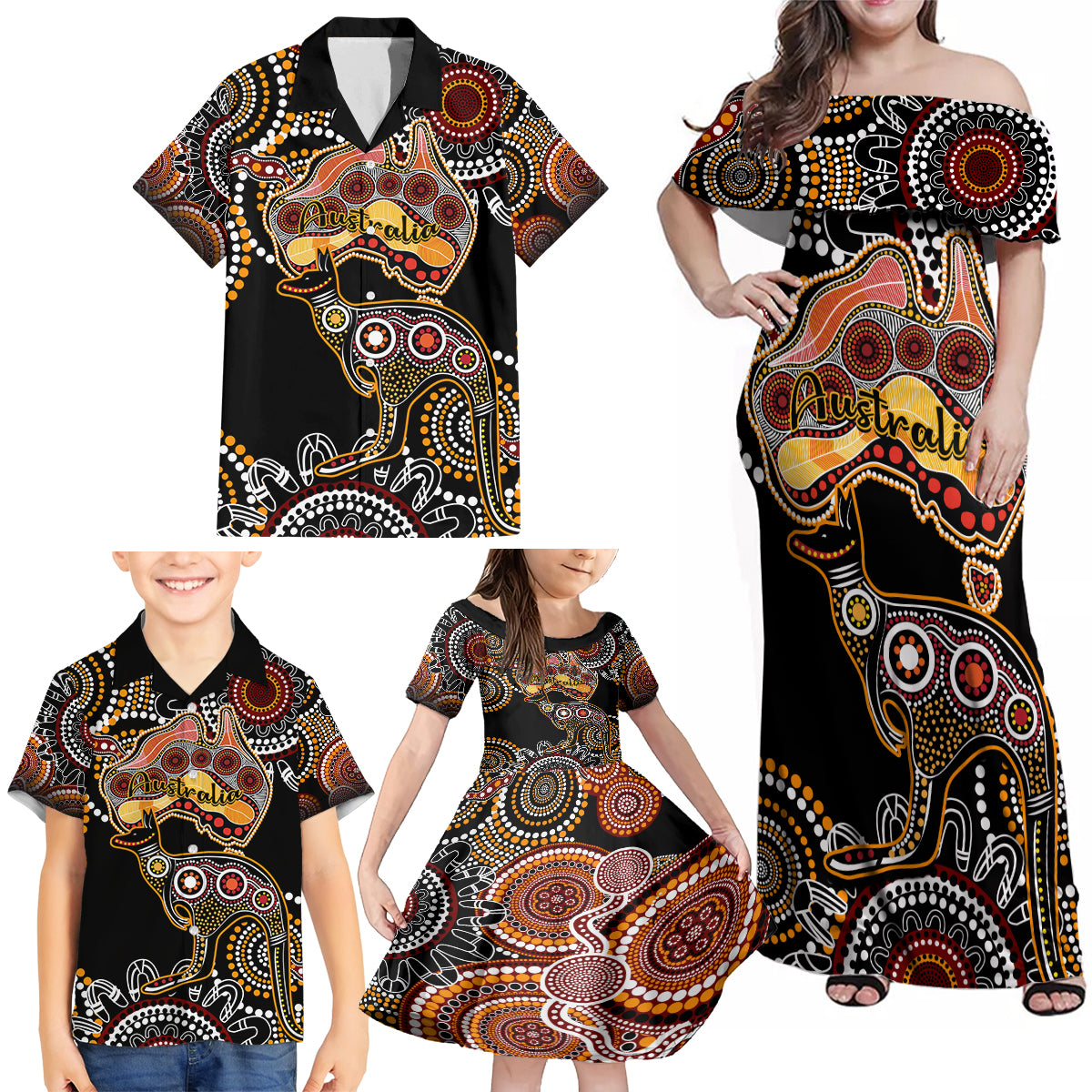 australia-aboriginal-family-matching-off-shoulder-maxi-dress-and-hawaiian-shirt-australian-map-with-kangaroo-indigenous-art