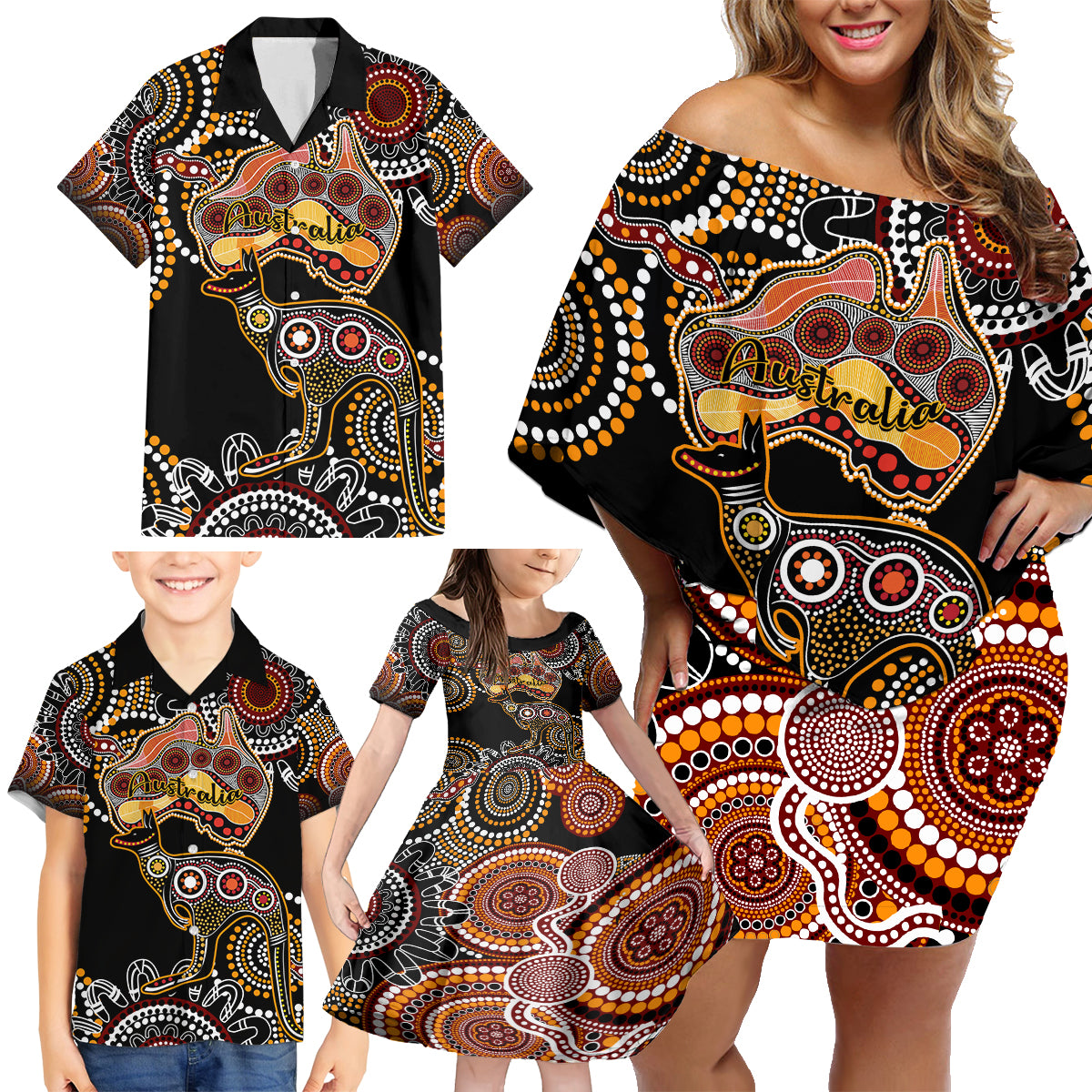 australia-aboriginal-family-matching-off-shoulder-short-dress-and-hawaiian-shirt-australian-map-with-kangaroo-indigenous-art