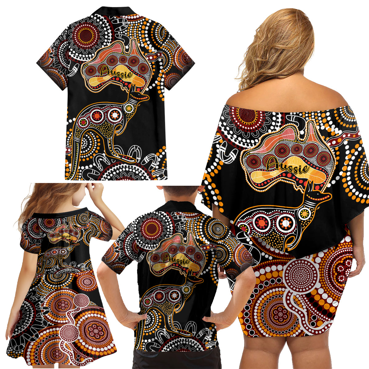 australia-aboriginal-family-matching-off-shoulder-short-dress-and-hawaiian-shirt-australian-map-with-kangaroo-indigenous-art