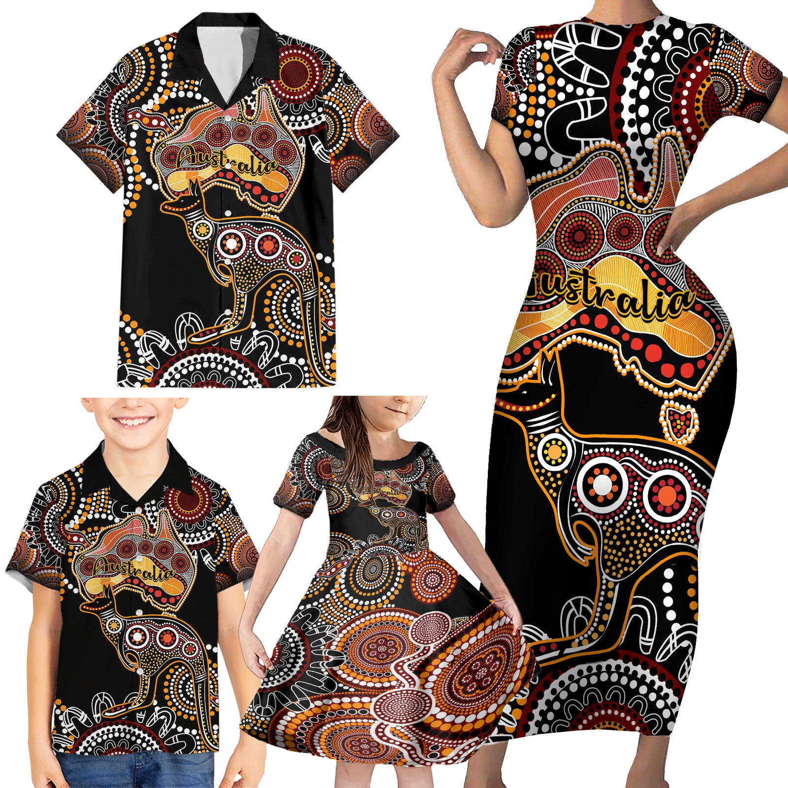 australia-aboriginal-family-matching-short-sleeve-bodycon-dress-and-hawaiian-shirt-australian-map-with-kangaroo-indigenous-art