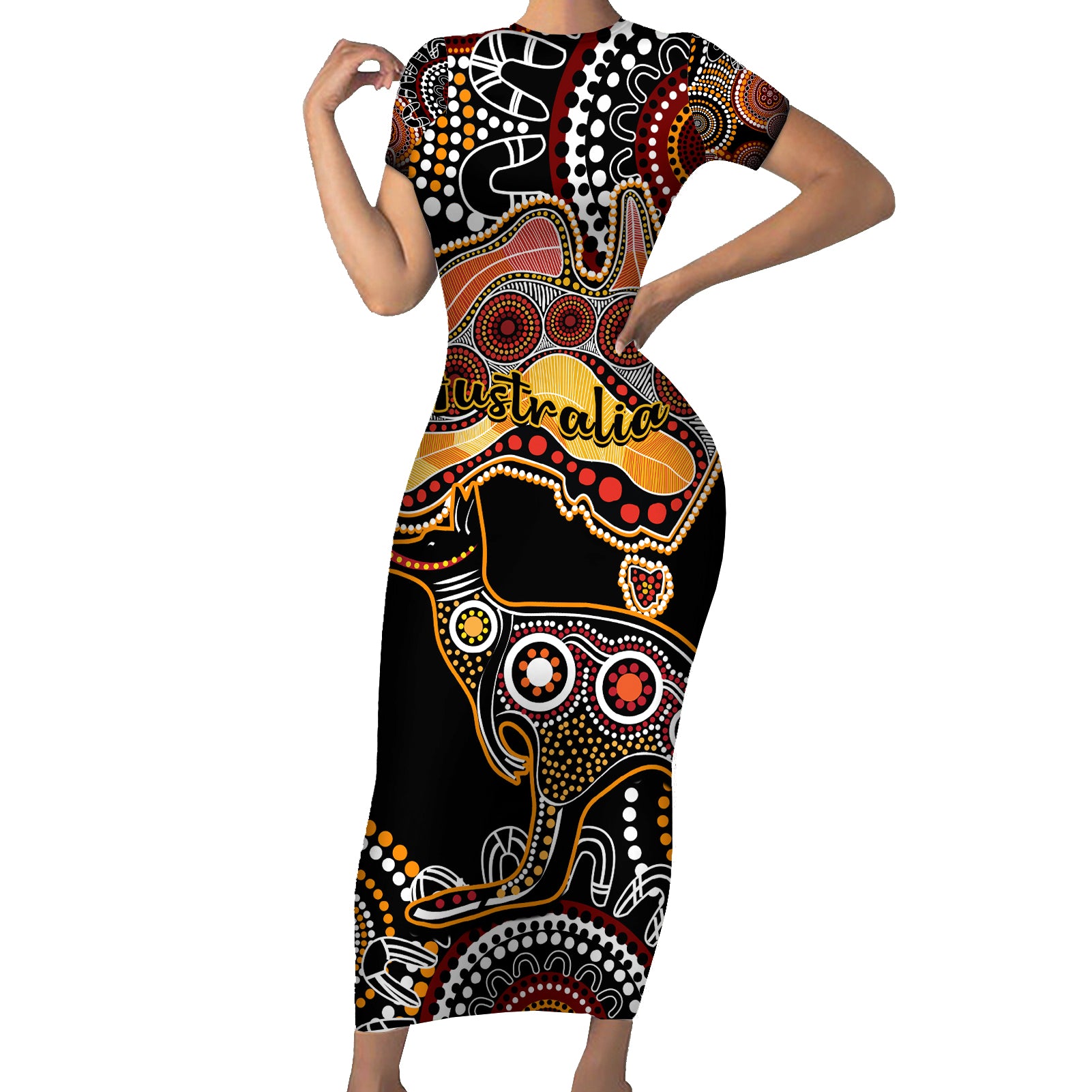 australia-aboriginal-family-matching-short-sleeve-bodycon-dress-and-hawaiian-shirt-australian-map-with-kangaroo-indigenous-art