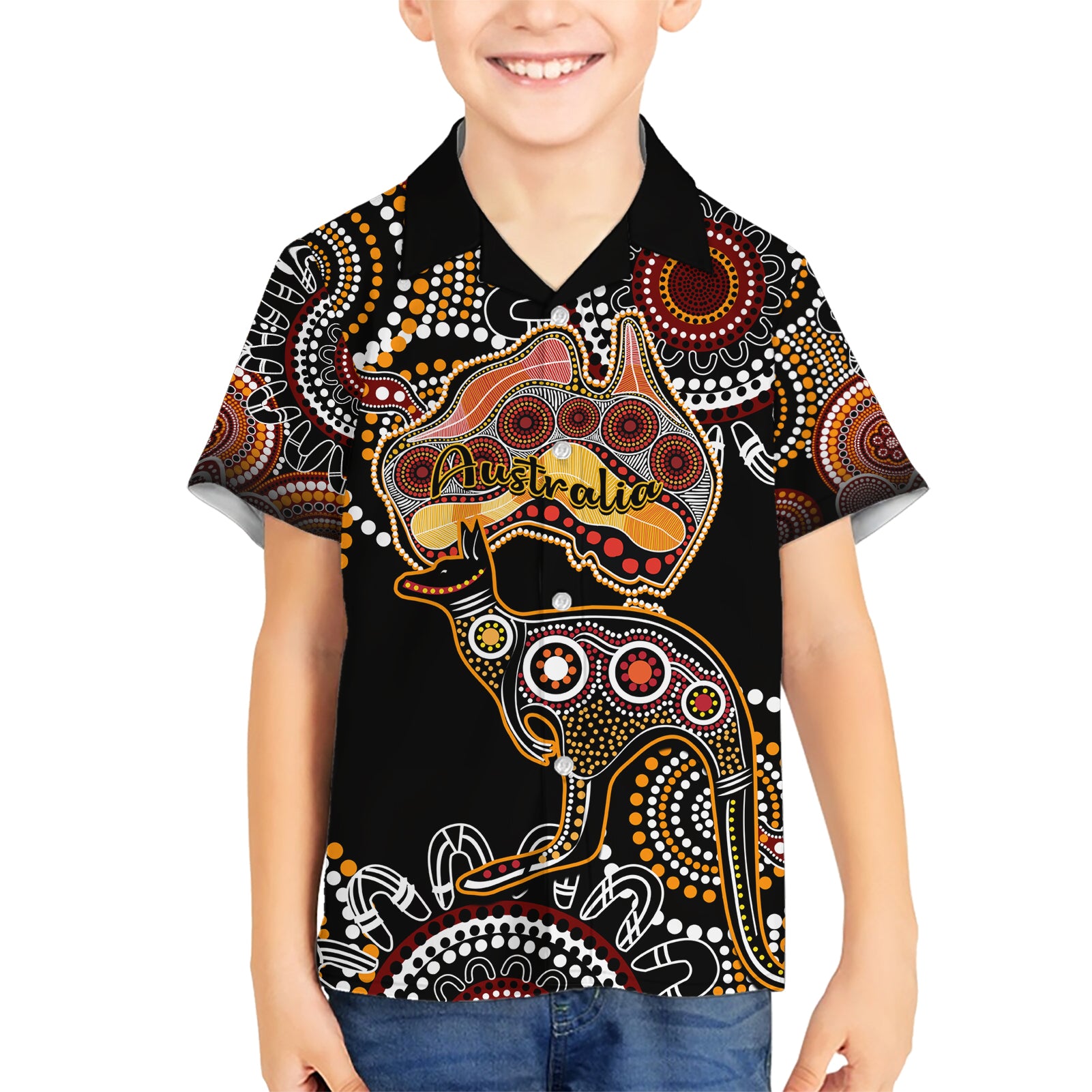 australia-aboriginal-family-matching-short-sleeve-bodycon-dress-and-hawaiian-shirt-australian-map-with-kangaroo-indigenous-art