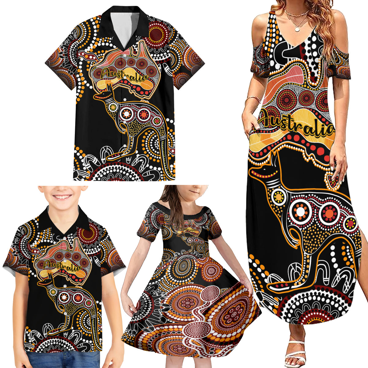 australia-aboriginal-family-matching-summer-maxi-dress-and-hawaiian-shirt-australian-map-with-kangaroo-indigenous-art