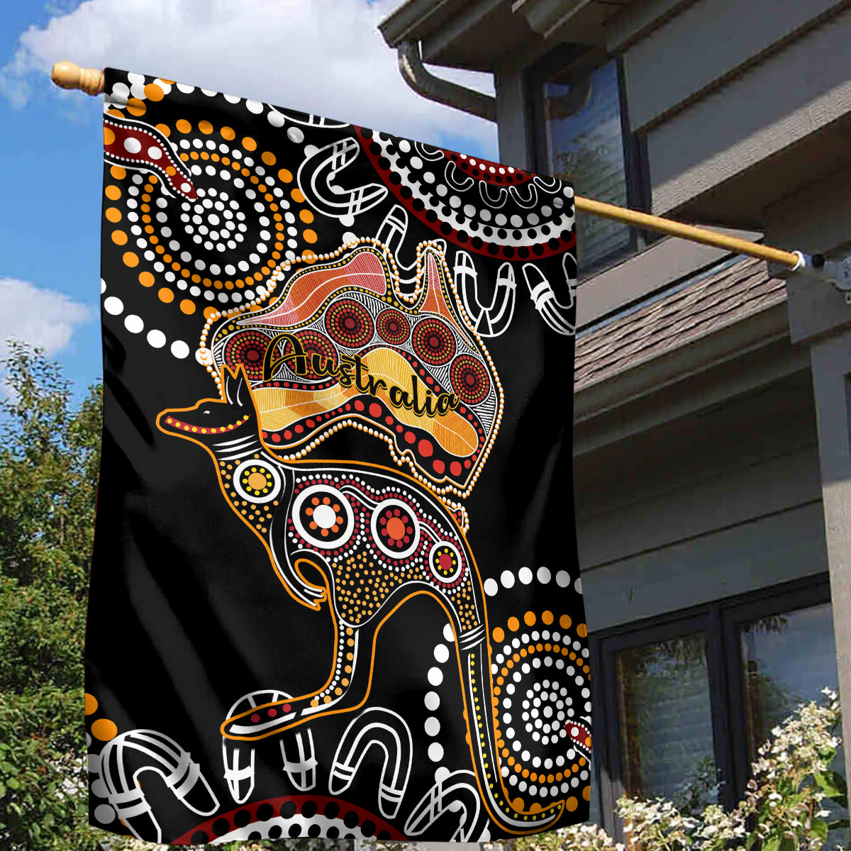 Australia Aboriginal Garden Flag Australian Map With Kangaroo Indigenous Art - Vibe Hoodie Shop