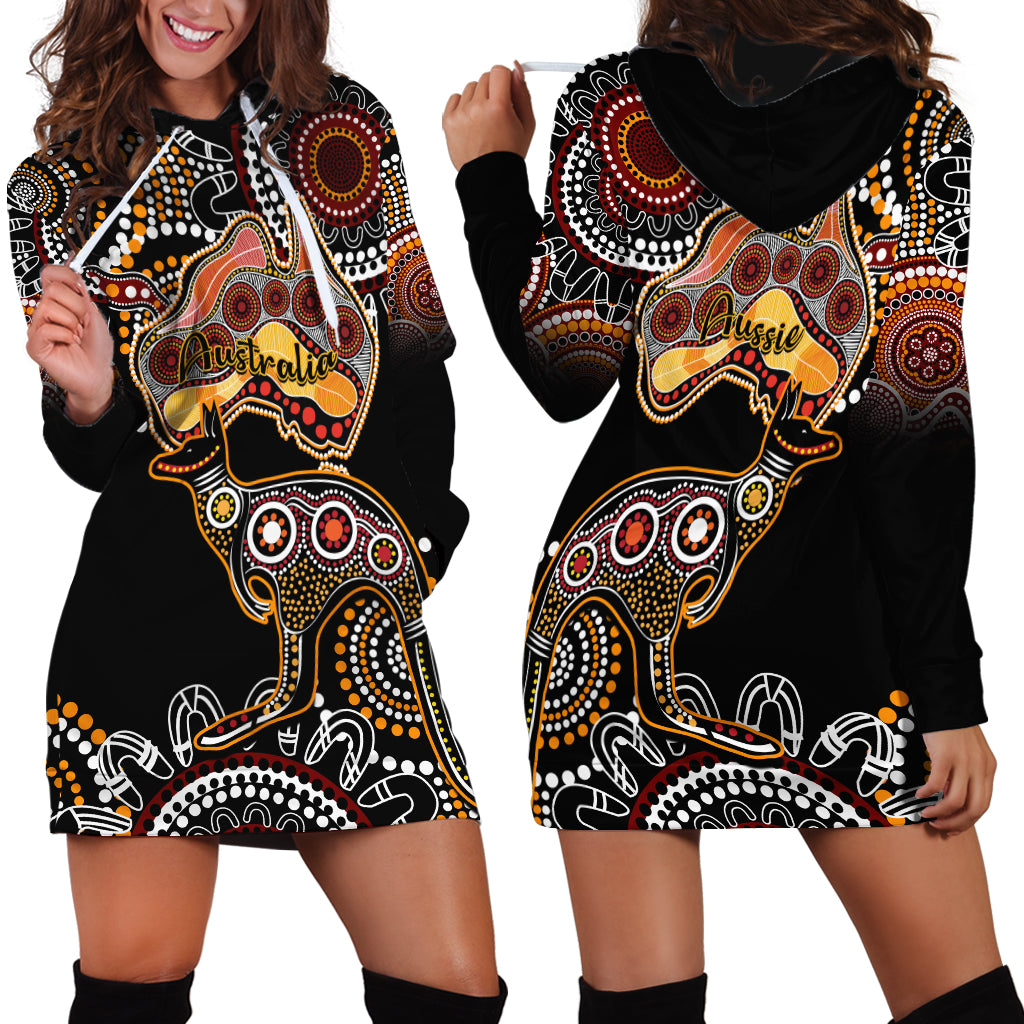 Australia Aboriginal Hoodie Dress Australian Map With Kangaroo Indigenous Art - Vibe Hoodie Shop